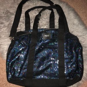 PINK glittery blue overnight bag